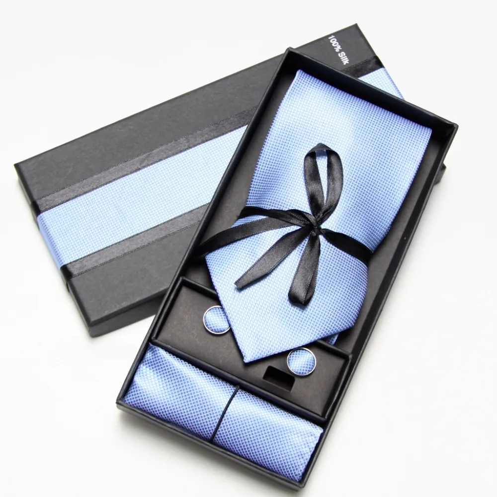 Men Tie Sets Neck Tie Hankerchiefs Cufflinks 10 colours Box gift polyester handmade