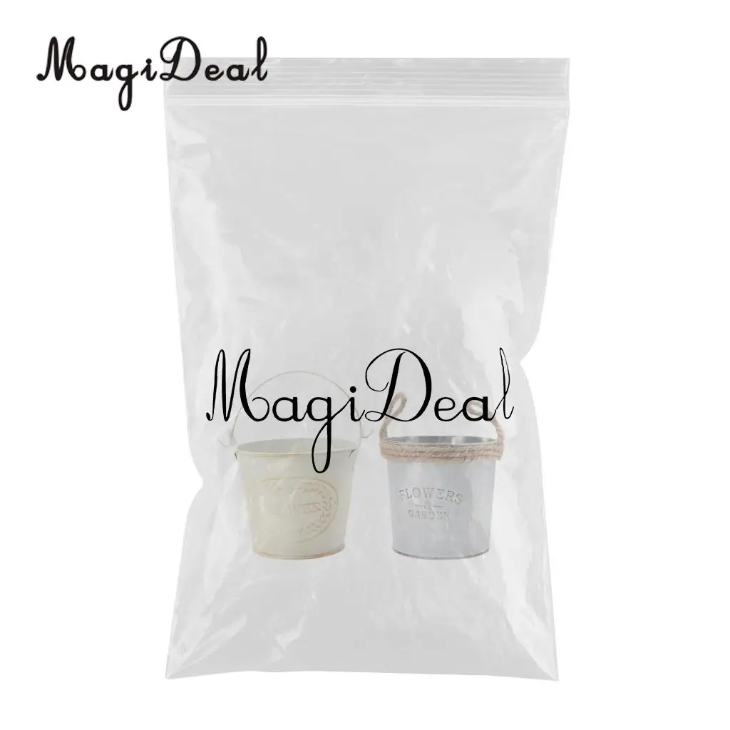 2pcs Round Galvanized Metal Buckets Plants Flower Decorative Vases with Rope