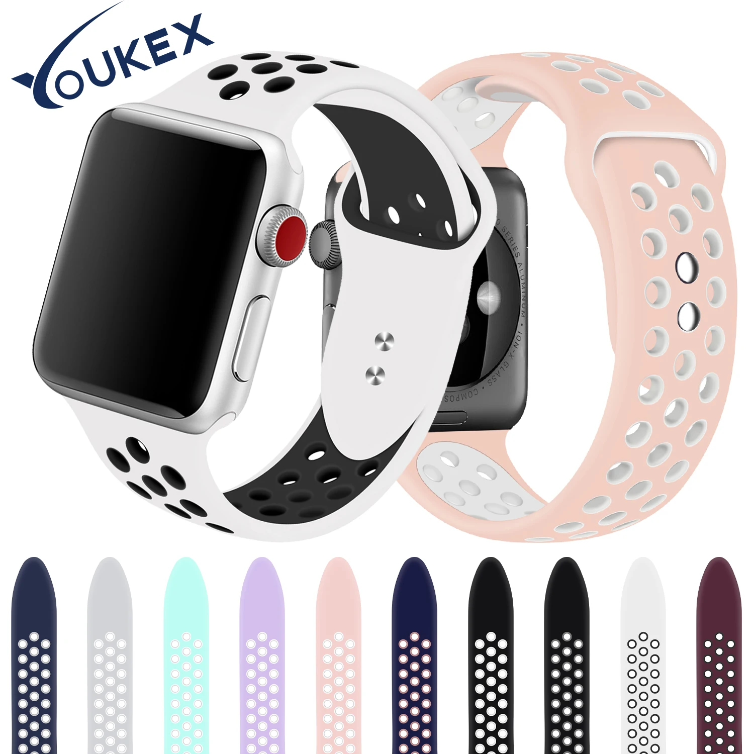 YOUKEX флуоресценции силиконовый спортивный ремешок для Apple Watch 38 мм 42 модные пористые двойной цвет браслет наручные ремешок для iwatch