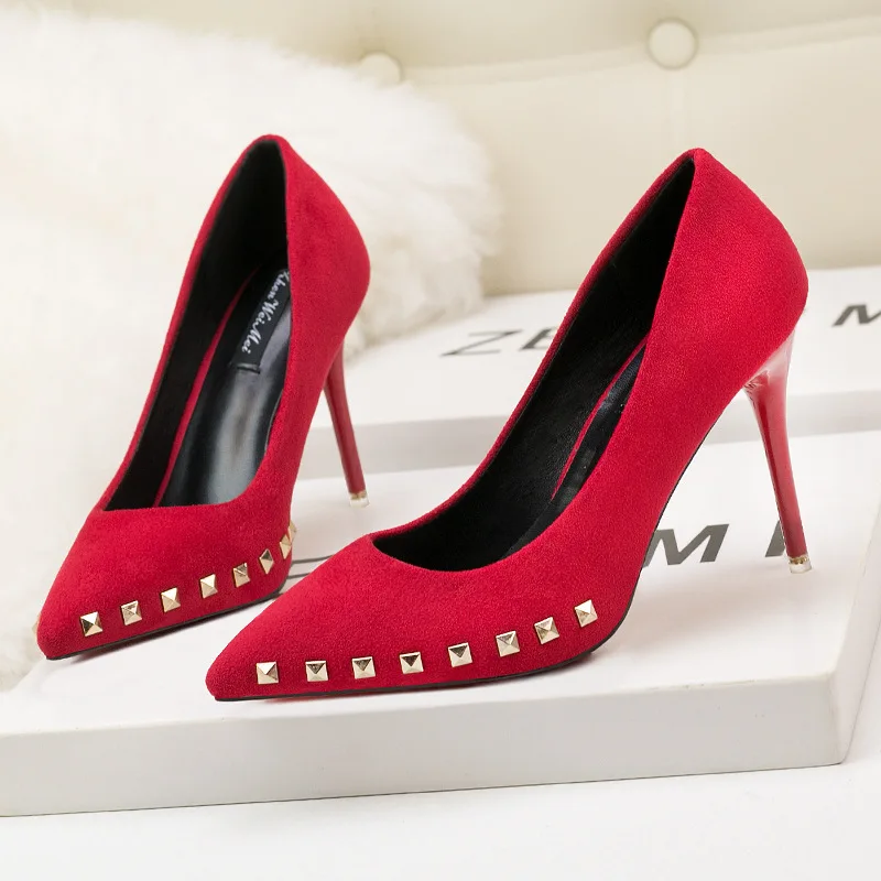 Ou Mo brand Elegant Sexy sandals women?s High heels 9cm Slip-on Women's shoes wedding banquet Rivet Female Dress shoes