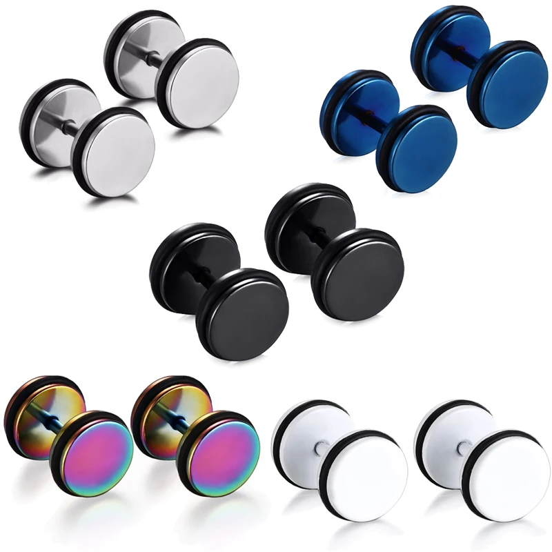 

Male Stud Earrings Titanium Steel Round Dumbbells Earrings For Men Blue/Black/White/Colourful/Gray Color Earring