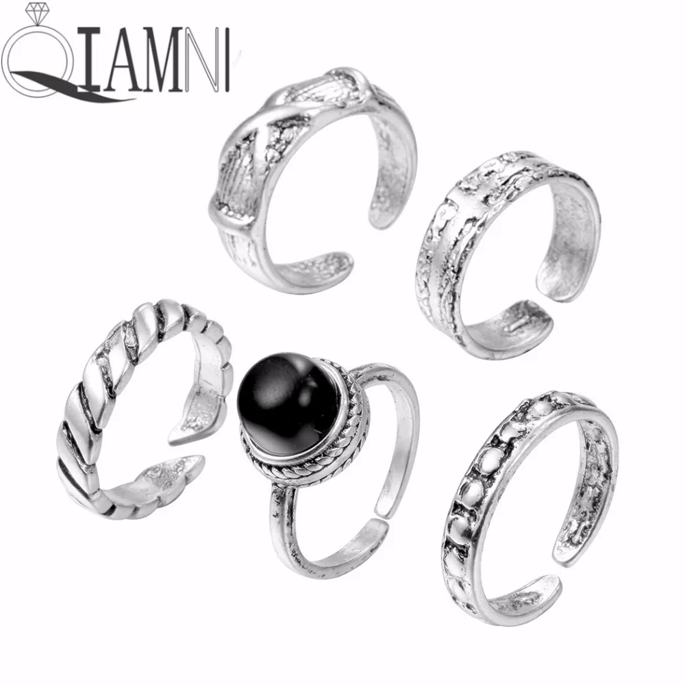

QIAMNI 5pcs/lot Antique Silver Handmade Punk Wave Cross Black Stone Round Open Ring Birthday Gift Men Women Wedding Jewelry