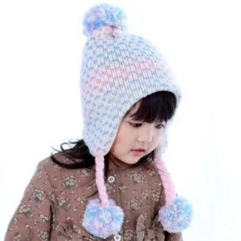 

Autumn Winter Baby Hat for Girls Crochet Hat with Ear Cap Warm Baby Caps with pom pom Knit hats 1-8 Years old
