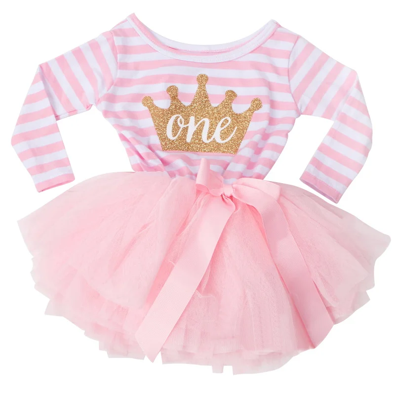 

Spring First 1st 1T Birthday Baby Girl Print Dress Number One Two Clothes for Newborn Infant Party Outfits Crown Baby Boutique
