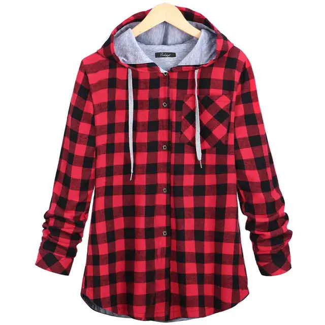Red and black plaid hoodie women's Clearance