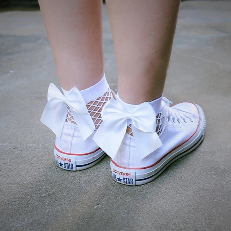 

Summer Women Fashion Bow Knot Fishnet Socks Short Hollow Out Mesh Sock-White