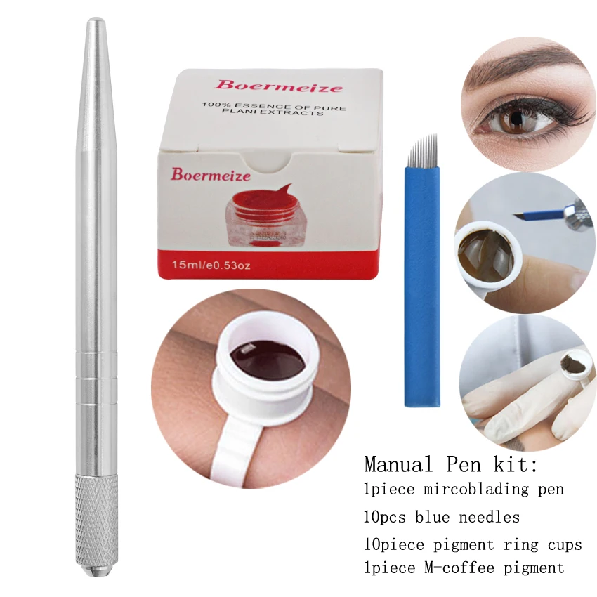 Silver Microblading Pen Tattoo Machine Permanent Makeup Eyebrow Tattoo Manual Pen +1Pcs M-coffee Tattoo Ink+10Pcs Ring Ink Cup