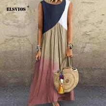 ELSVIOS, негабаритное хлопковое винтажное платье в стиле пэчворк, женское повседневное пляжное платье с круглым вырезом и коротким рукавом, элегантное модное праздничное платье