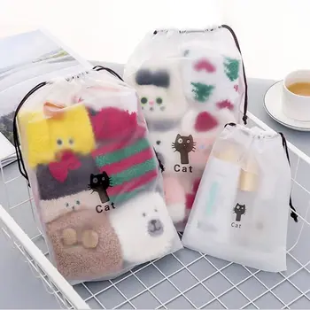 

Cartoon Cat Travel Drawstring Makeup Bag Transparent Make Up Beauty Bag Women Handbag Storage Pouch Organizer Bath Wash Kit