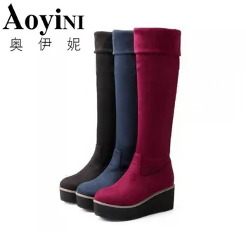 

2016 New Fall fashion elastic knee boots Female platform boots Large size shoes women Motorcycle boots Black Blue Red