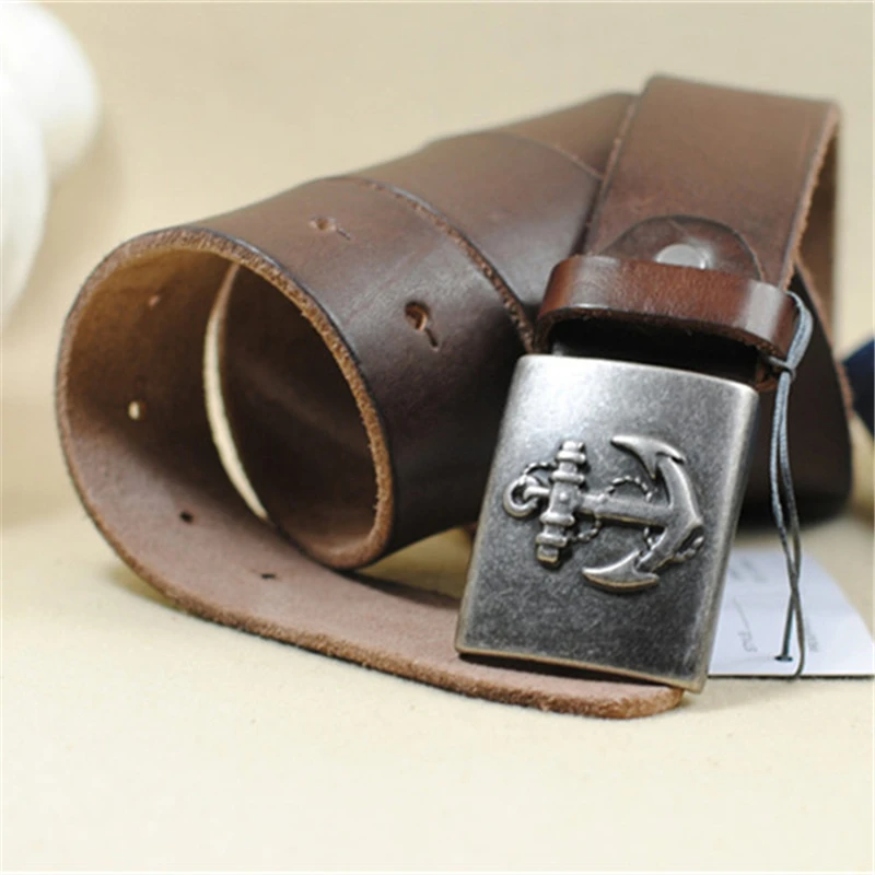 Genuine Leather Cowboy Anchor Metal Belt Buckle Men Belt Luxury Jeans