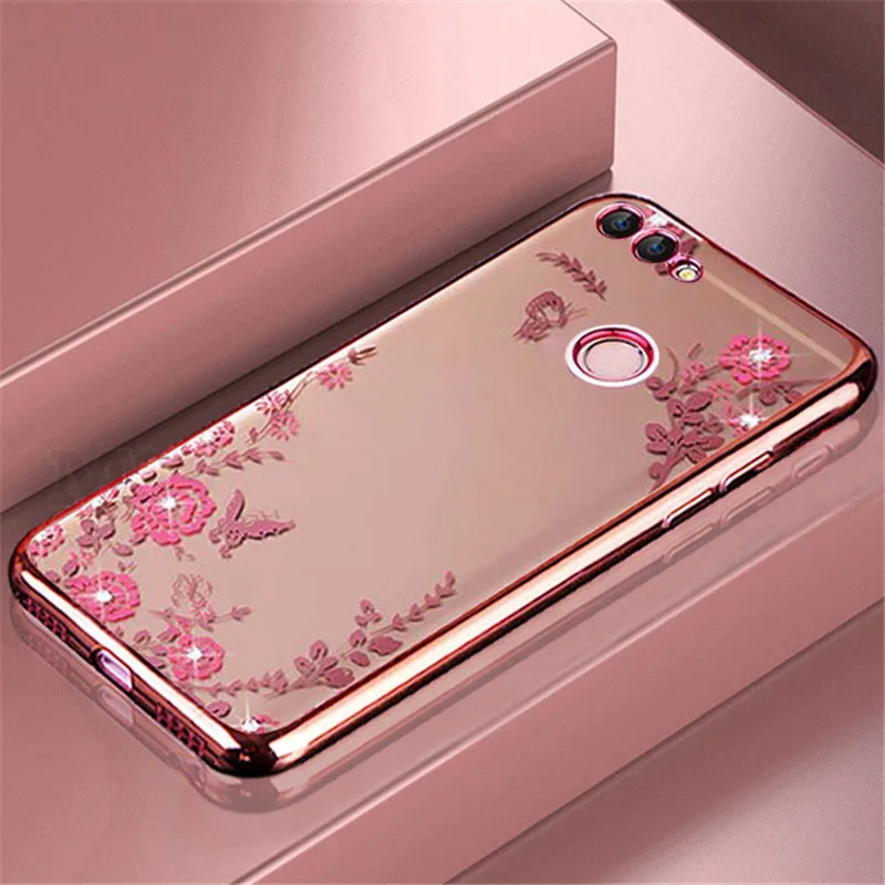 

Rhinestones Soft TPU Plating Case For Coque Huawei P Smart Cover Silicone Flower Protection Case On Huawei Enjoy 7S 7 S Psmart