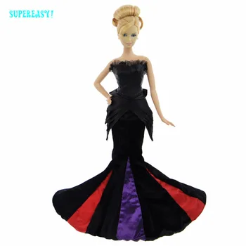 

High Quality Black Dress Luxury Wedding Party Gown Lace Strapless Fishtail Skirt Clothes For Barbie Doll Dollhouse Accessories