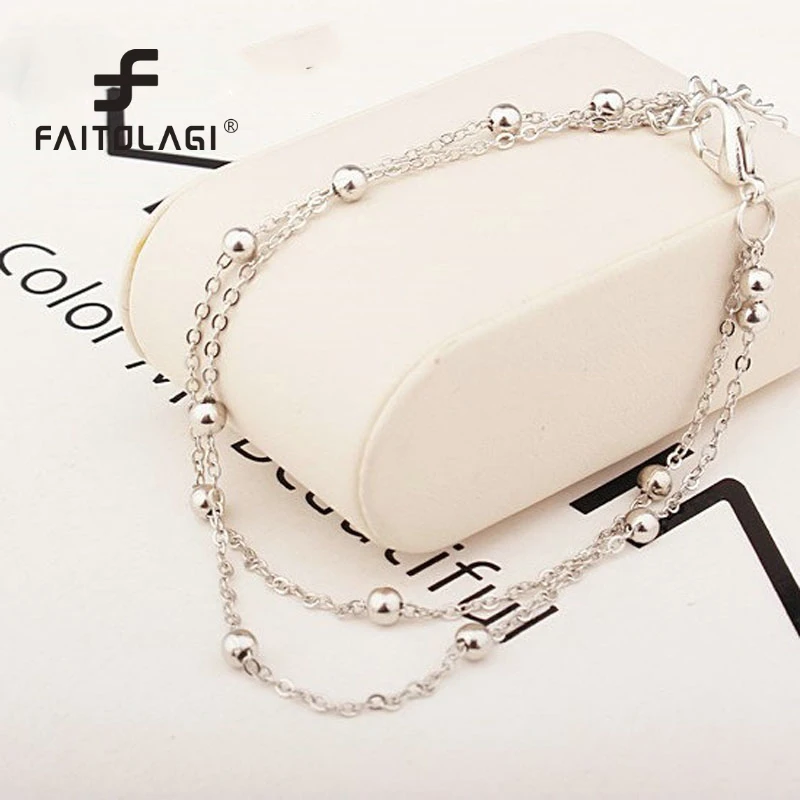 

Women Double Layer Bracelet on The Leg Fashion Jewelry For Women Silver Color Beads Chains Barefoot Sandals Leg Bracelet