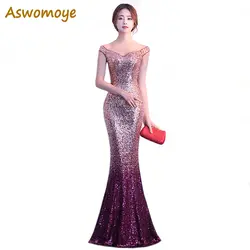 Aswomoye Для женщин Русалка вечернее платье 2018 элегантные блестками вечерние платье с открытой спиной платье для выпускного вечера; Robe De Soiree