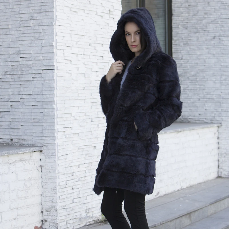 Длинный природный натуральный мех, пальто с меховым капюшоном, теплая мягкая зимняя верхняя одежда высокого качества, Меховая куртка, Женский натуральный мех кролика