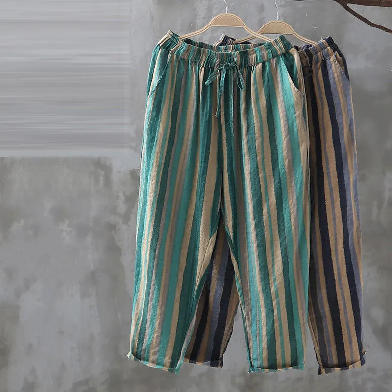 Summer Fashion Women Pants Plus Size Loose Casual Elastic Waist Striped Harem Pants Vintage Cotton Linen Ankle-length Pants D125