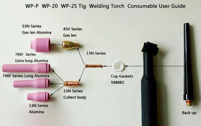 Tig сварочный газовый объектив Kit длинная алюминиевая насадка подходит SR WP9, 20, 25, 43PK
