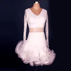 2015 Новый стиль латинский танец костюм Кружева Длинные рукава для латинских танцев платье для женщин танцевальная конкурс платья S-4XL