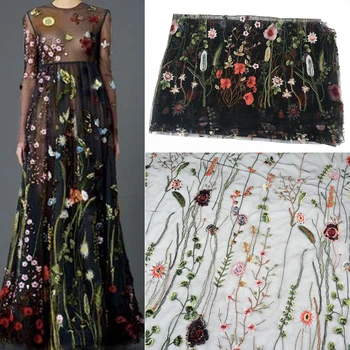 

New Floral Embroidery Fabric Black Flower Mesh Wedding Bridal Veil Lace Fabric 135x100cm