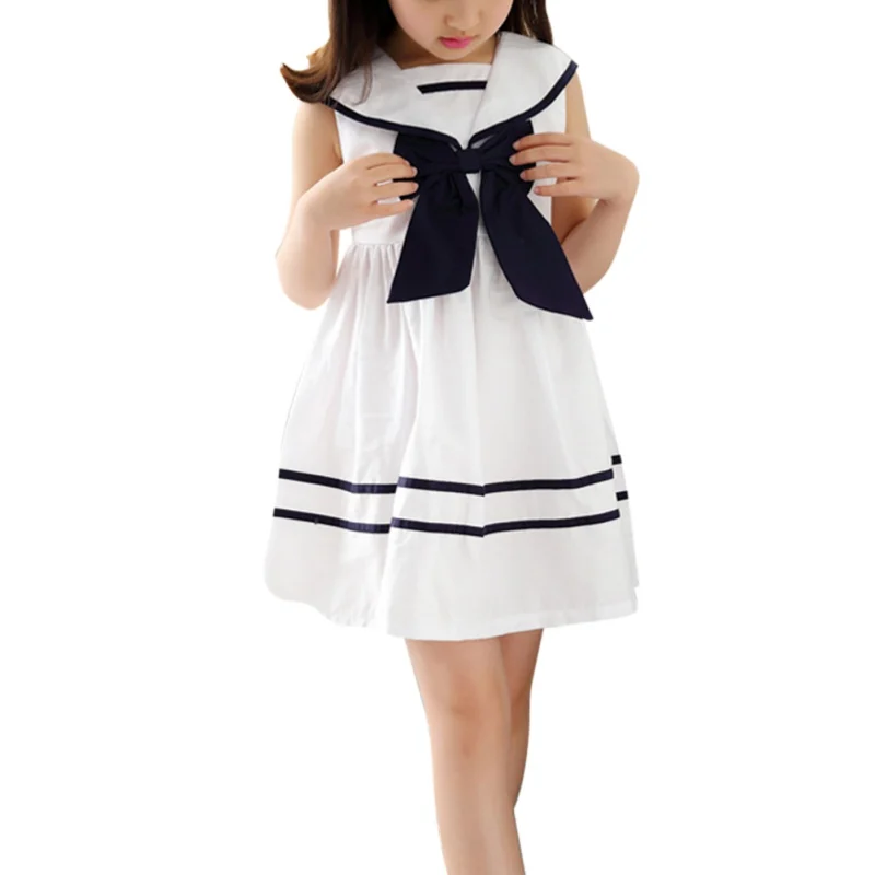 

Summer Girl Children Sleeveless Princess Navy School Wind Dress Kids Clothing White Cotton Bow Dresses Hot