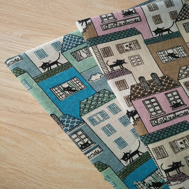

50x150cm Cotton Linen Fabric DIY Home Deco Fabric Printed House Tree Cat Steps Pink or Blue