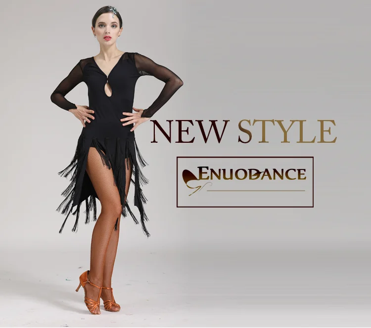 

Latin Dance Dress Long Sleeve V Neck Women Professional Sumba Rumba Dancing Wear Adult Black Latin Tassel Dress D-0131