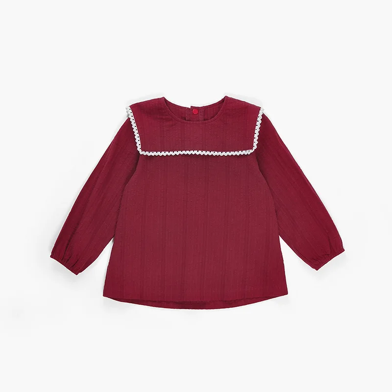 Розничная, Весенняя тканая хлопковая кружевная блузка цвета морской волны, свободная рубашка для маленьких девочек, платье Блузка высокого качества для девочек Осенняя детская одежда - Цвет: Красный