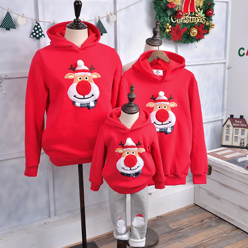 Одинаковые комплекты для семьи на год и Рождество зимний свитер флисовая одежда с капюшоном для мамы, папы и детей, одежда для всей семьи - Цвет: Red