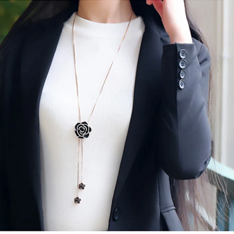 

Black Rose Flower Long Necklace Sweater Chain Fashion Chain Crystal Flower Pendant Necklaces Adjusted