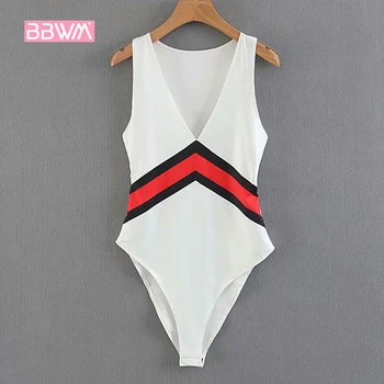 

Summer new female low-cut deep V-neck stitching sleeveless vest coveralls Slim was thin wild seaside resort