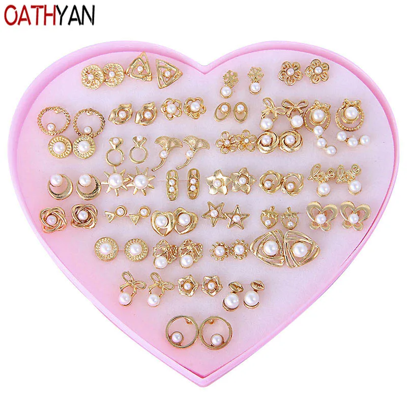 

OATHYAN 36Pair/Set Cute Simulated Pearl Stud Earrings Set For Women Flower Golden Stud Earrings Set 2018 Jewelry Girl Gift