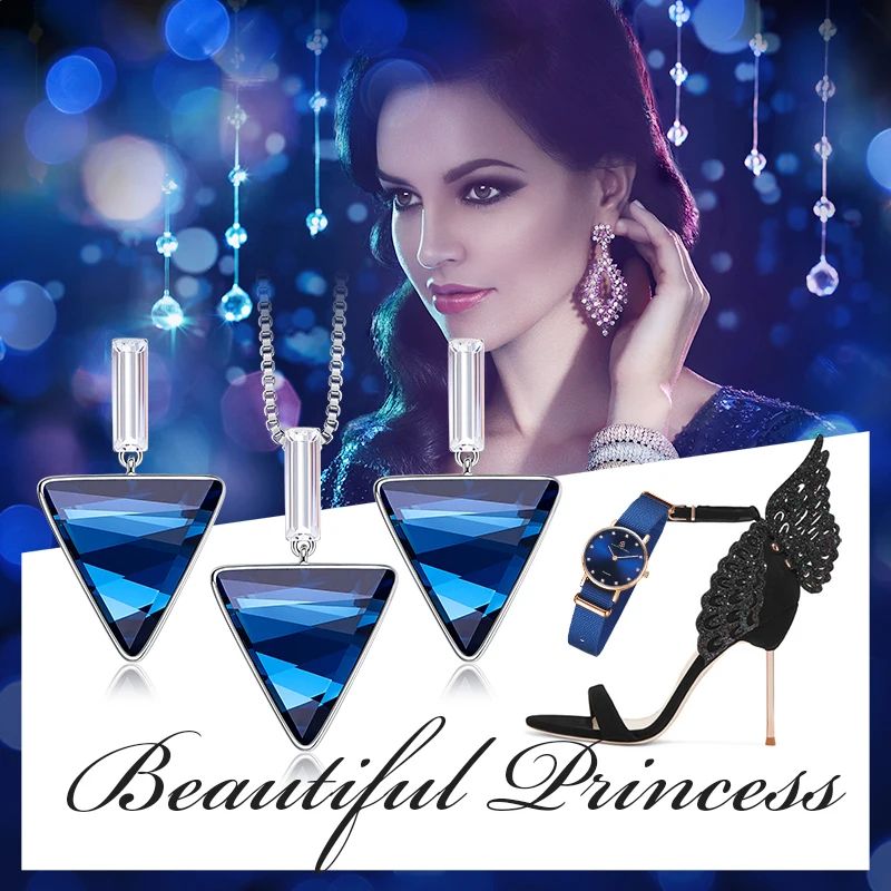 CDE женский ювелирный набор, украшенный кристаллами Сваровски, ожерелье, серьги, набор, голубой треугольный кулон, ожерелье, серьги-гвоздики