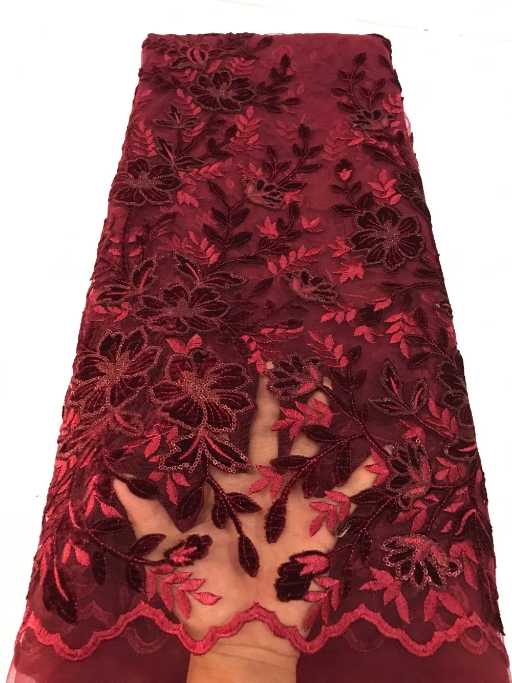 Hot sale red Velvet embroidery tulle lace African french lace fabric