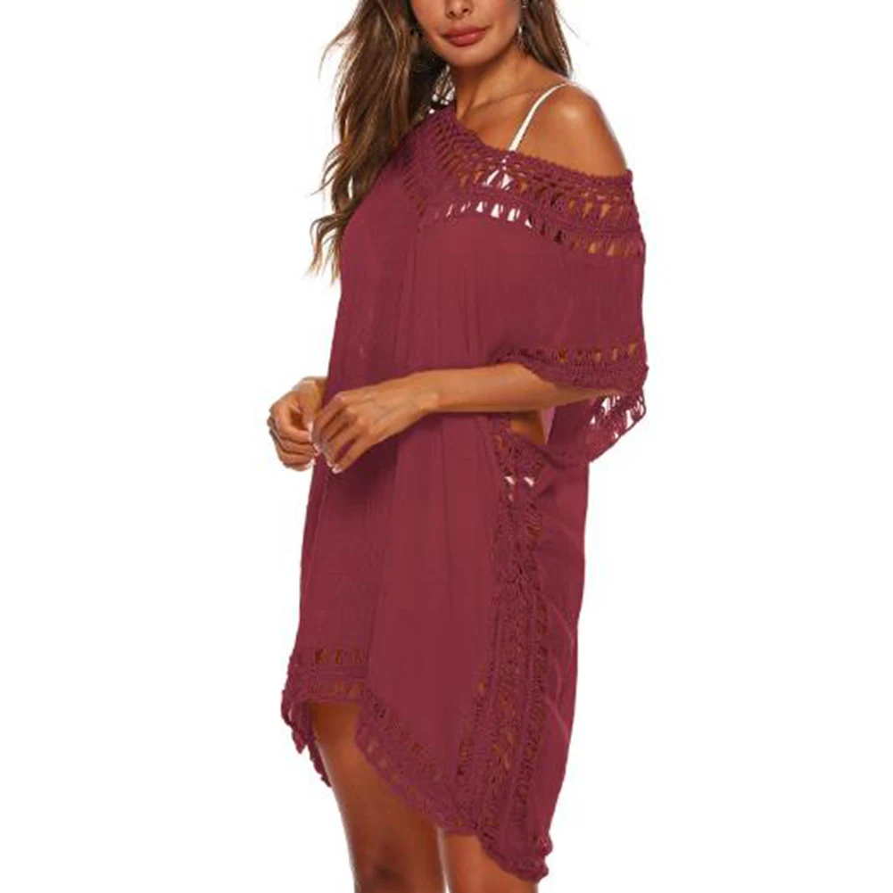 

Women Sunscreen Pierced Edge Holiday Solid V Neck Loose Short Sleeve Blouse Beach Wear Fashion Swim Bikini Cover Up Sexy Bathing