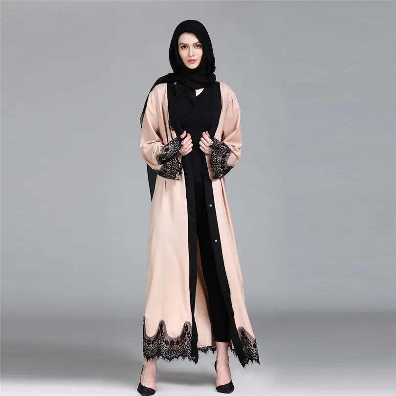 New Muslim Women Islamic Clothing Lace Splicing Long Coat Middle East Long open Abaya Robe Kaftan Dubai #4F08 (2)