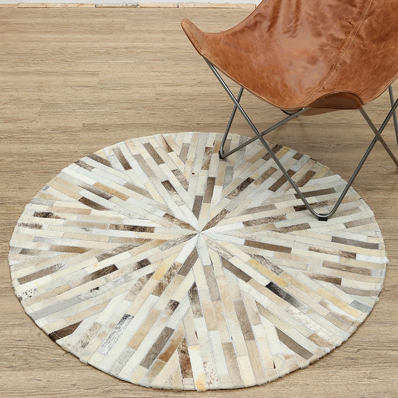 Круглый ковер из воловьей кожи с отстроченными вручную геометрическими вставками в скандинавском стиле для гостиной, чая, Настольный коврик, покрывало для спальни и кровати