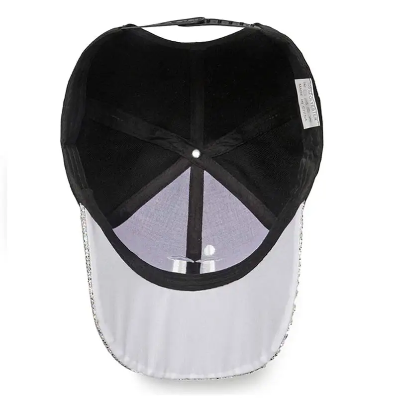 Women Cute Baseball Hat Letters U Shiny Visor Snapback Cap Black Silver 6 Panel Adjustable Size