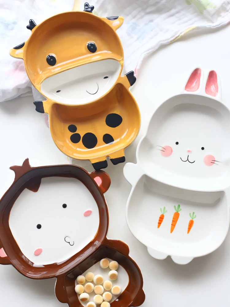 

Home children's cartoon ceramic dishes cute animals split tray tableware breakfast plate porcelain tableware round round dinner