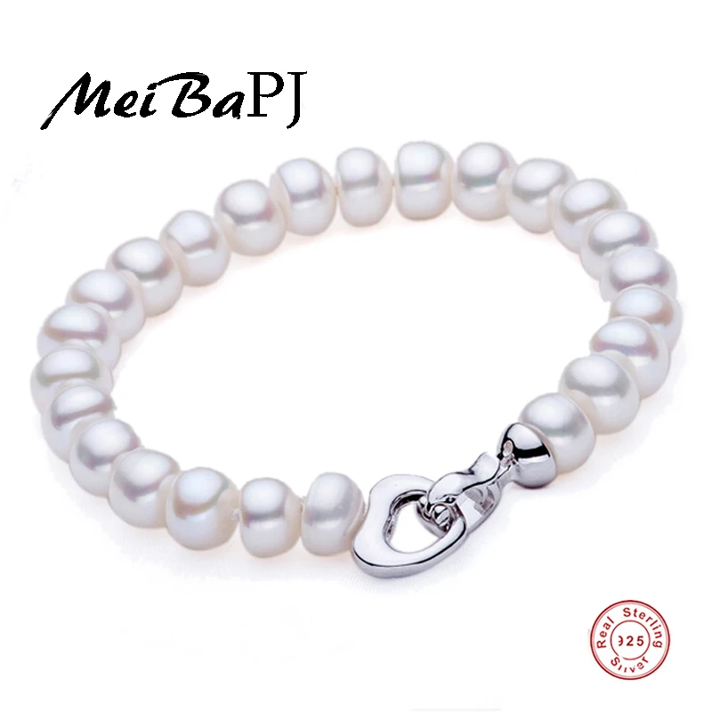 

MeiBaPJ 925 Sterling Silver Top quality 8-9mm natural freshwater pearl bracelet for women white-color fashion charm bracelet