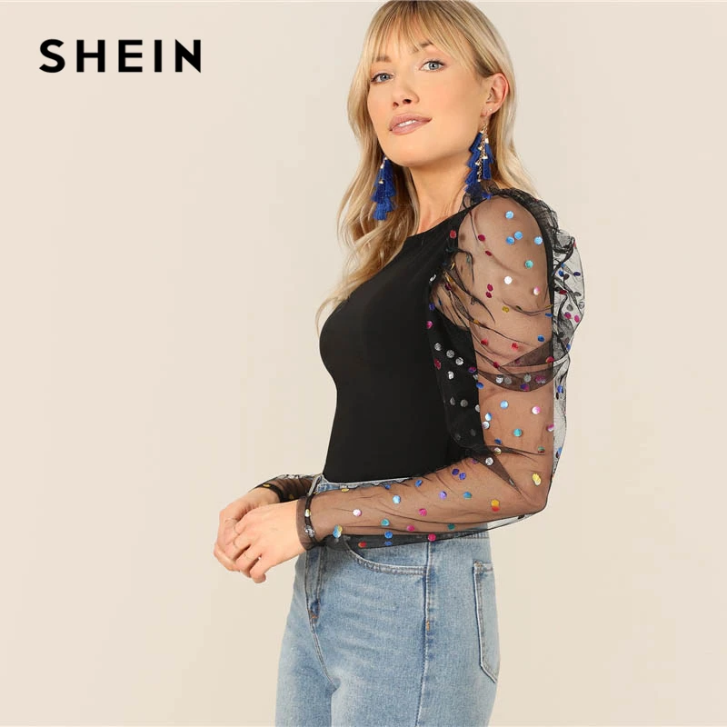 SHEIN الأسود الملونة نقطة نفخة الكتف شبكة Gigot كم نحيل المحملة O-الرقبة تي قميص المرأة الربيع سليم صالح حزب نادي التي شيرت قمم