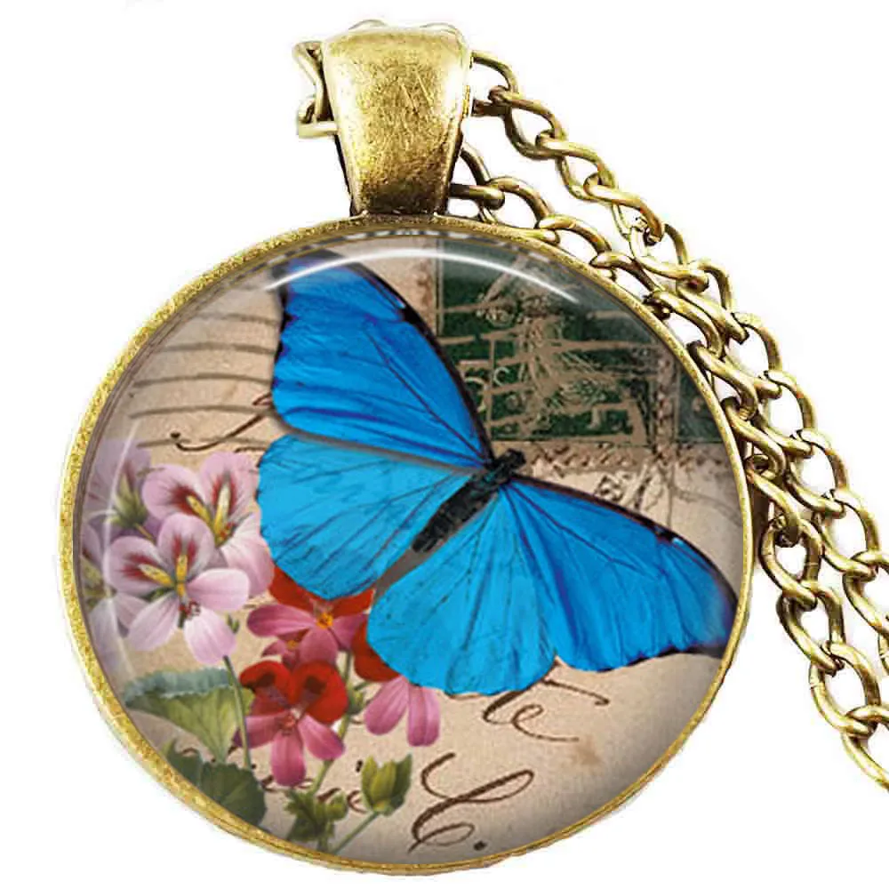 Butterfly blue pendant , butterfly vintage necklace , butterfly jewelry