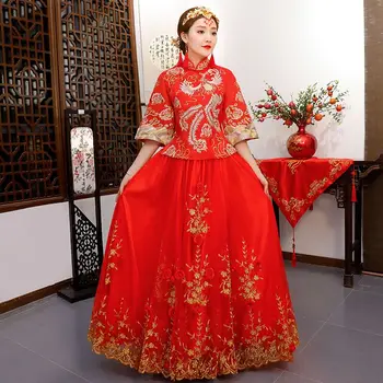 

Ancient marriage costume the bride clothing gown traditional Chinese wedding dress women cheongsam embroidery phoenix red Qipao