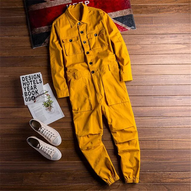 Мужские джинсовые комбинезоны в стиле хип-хоп, ковбойские комбинезоны с несколькими карманами, спецодежда, Комбинезоны на подтяжках для мужчин A9211 - Цвет: Yellow
