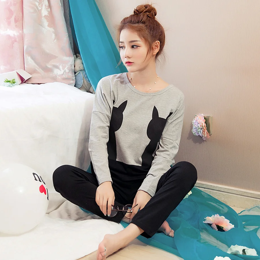 Свободная Женская пижама с котом, с круглым вырезом, Корейская мультяшная пижама с длинным рукавом, домашняя женская ночная рубашка, модная удобная ночная рубашка