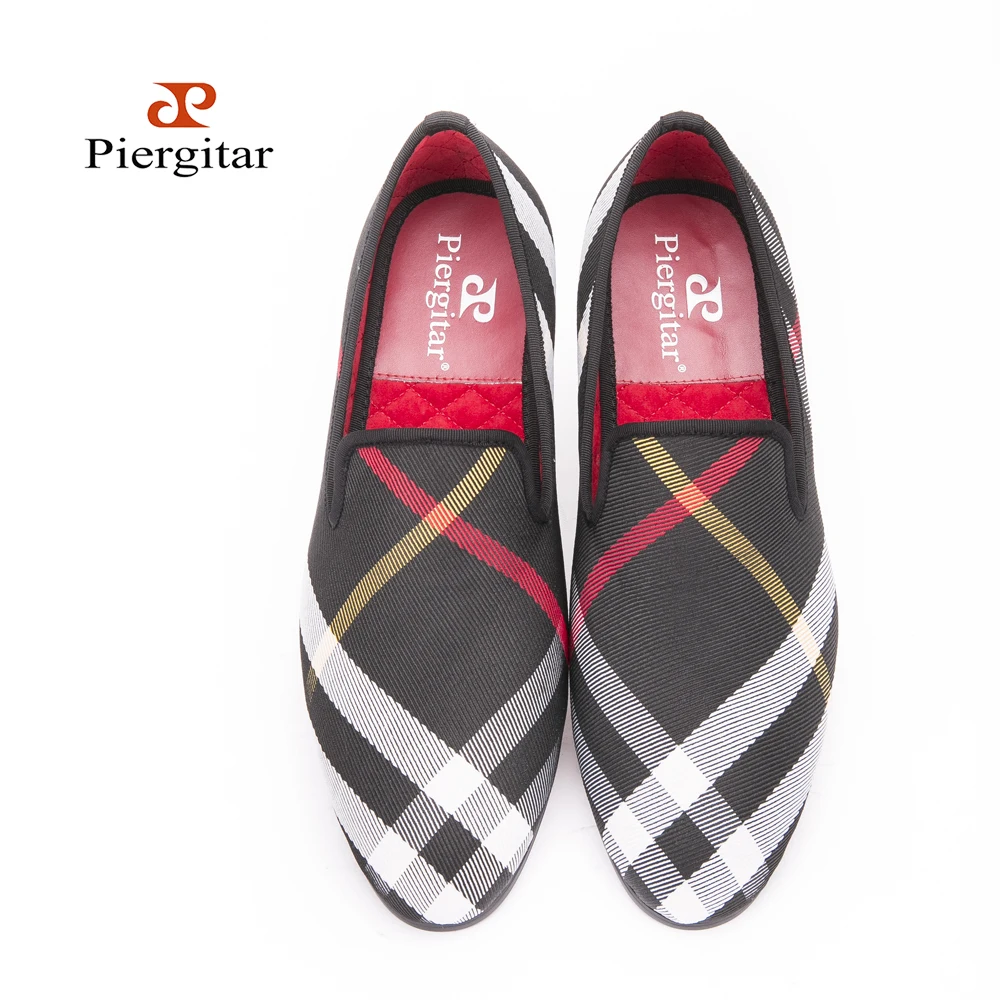 Blue and white plaid canvas shoes Luxury brand men loafers black pig leather insole men 's casual shoes men's flats
