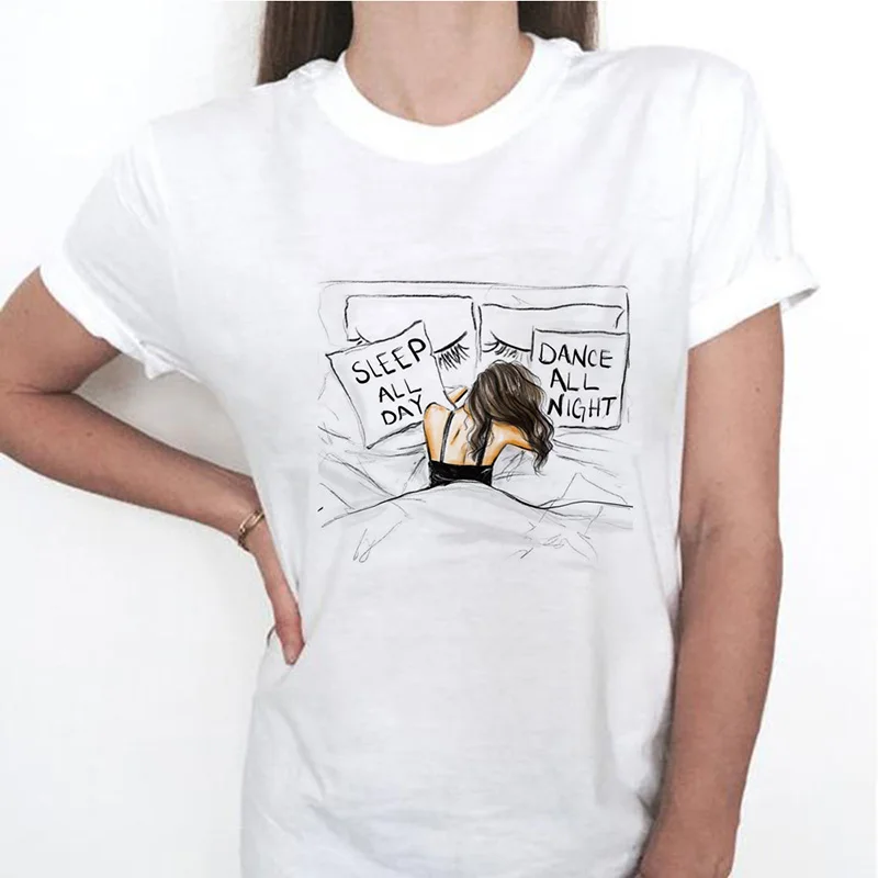 

New Harajuku Tee Shirt Femme 2019 Sleep All Day Dance All Night Printing Funny T Shirts Women Fashion Short Sleeve Tops Tee