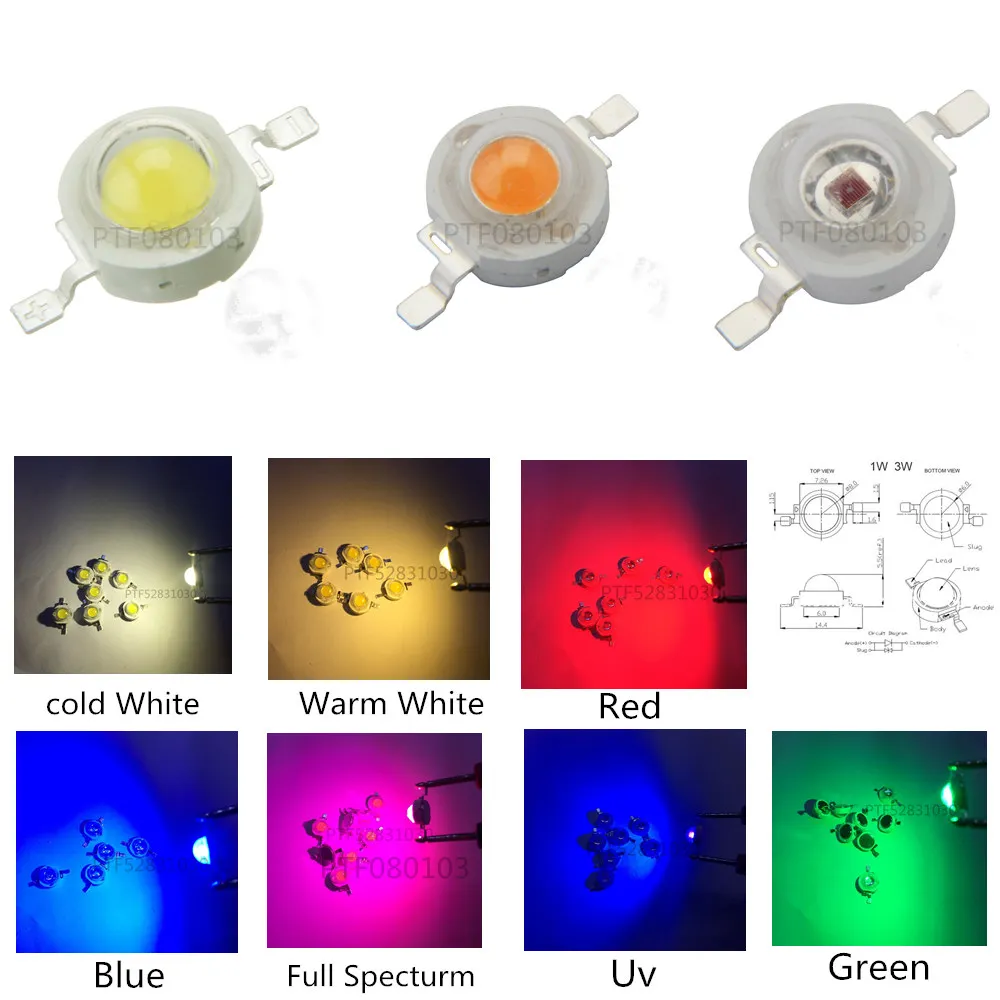 10 шт. 1 Вт 3 Высокая мощность LED полный спектр белый теплый зеленый синий темно