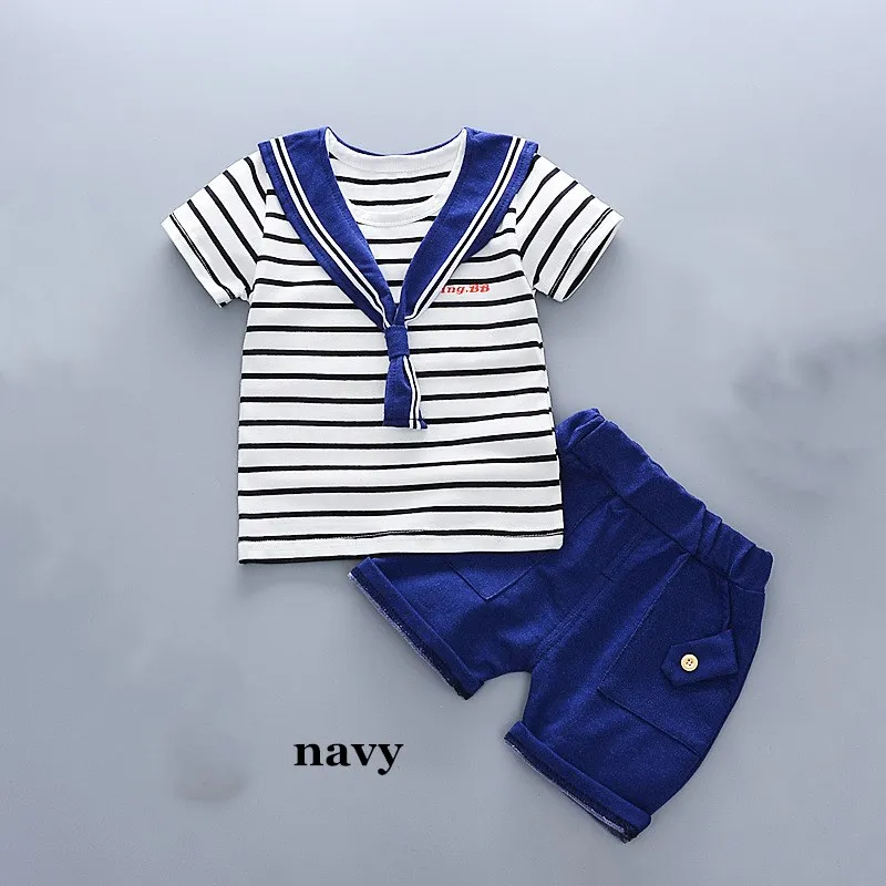 Детская одежда комплект для малышей в морском стиле, полосатая футболка с короткими рукавами+ шорты, одежда для мальчиков из 2 предметов для детей 0-3 лет - Цвет: navy