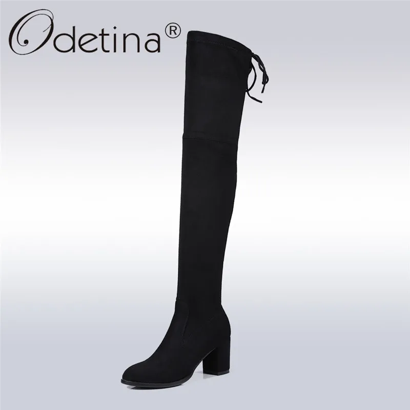 Odetina 2017 Fashion Women Faux Suede Stretch Slim Thigh High Boots Square Heels Over The Knee Lace Up Big Size 34-43 | Обувь